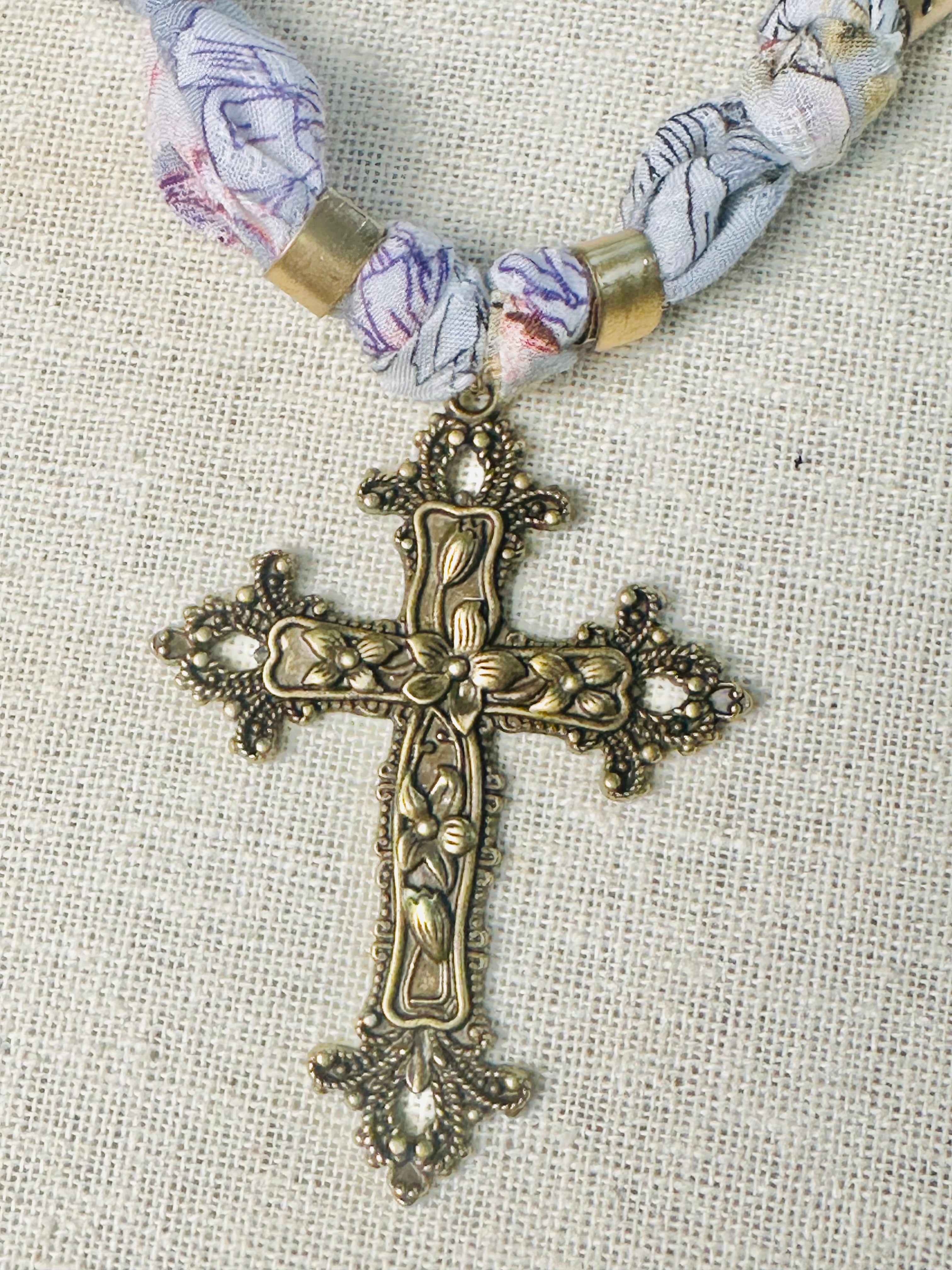 Antique Bronze Cross Fabric Necklace