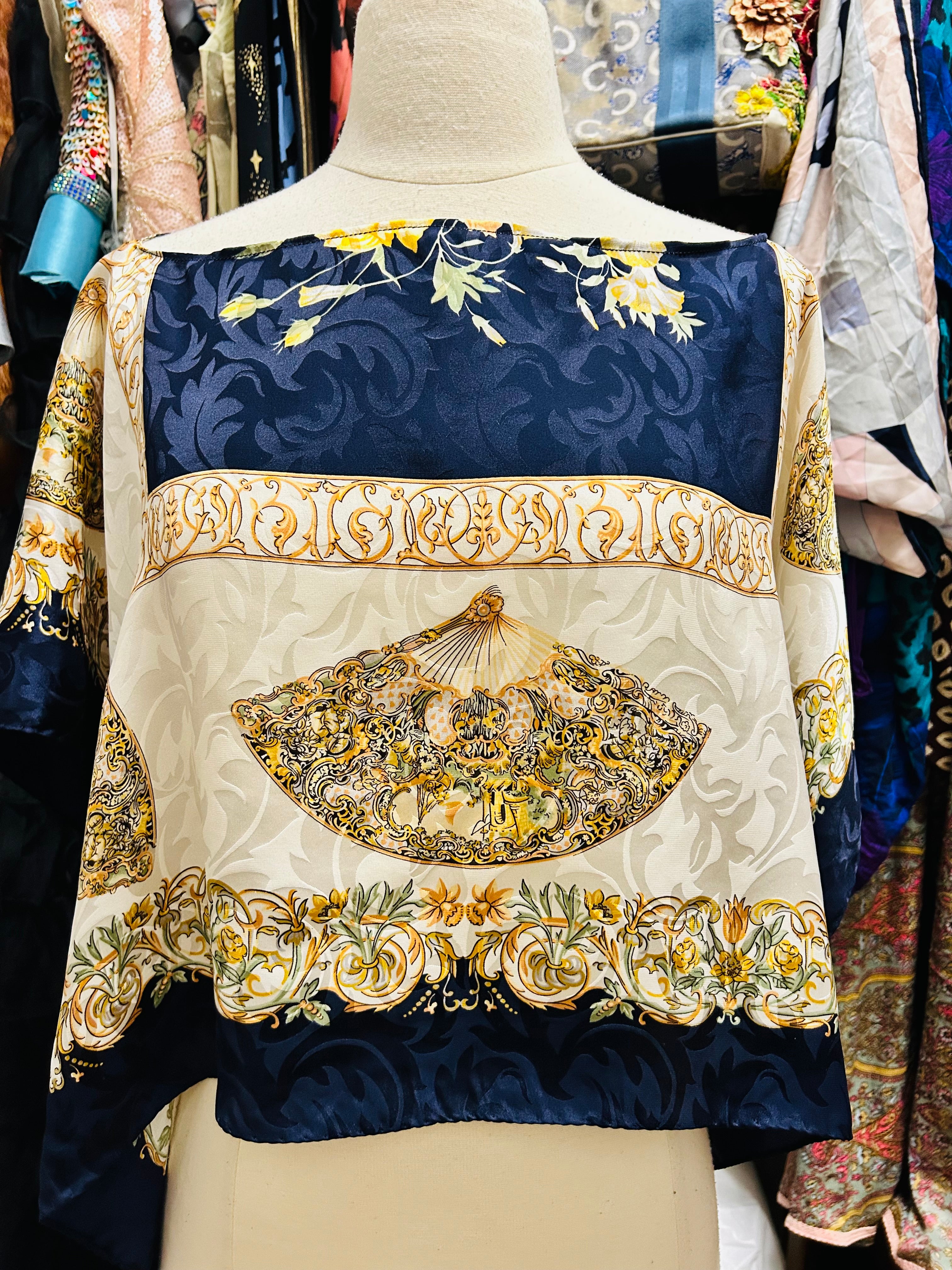 OOAK Fan Print Silk Scarf Top