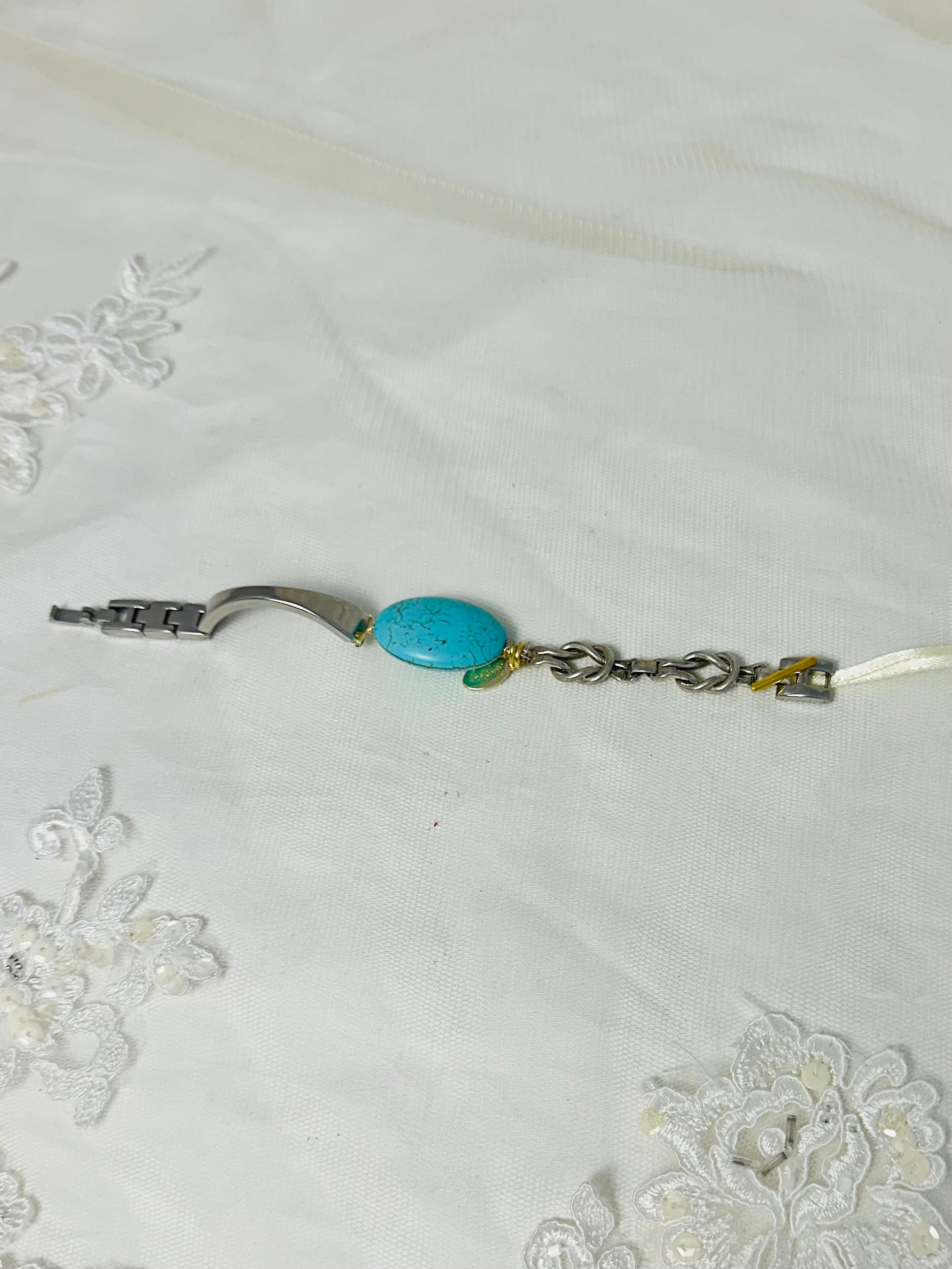 LS Upcycled Vintage Watch Band Turquoise Stone Bracelet