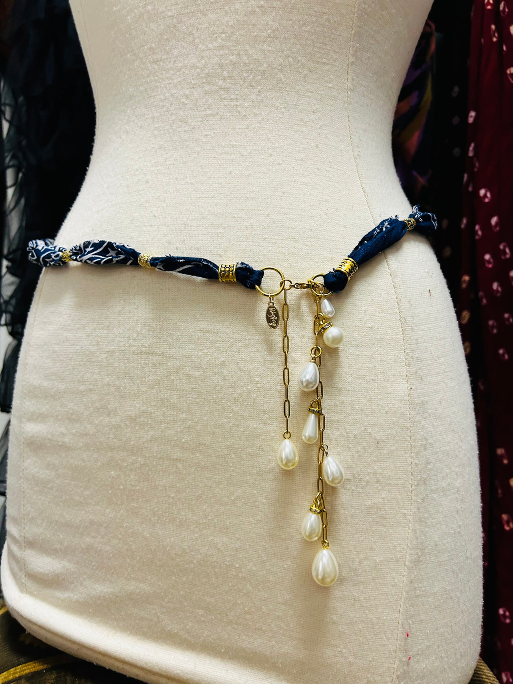 Handmade Bandana & Pearl Drop Necklace or Belt
