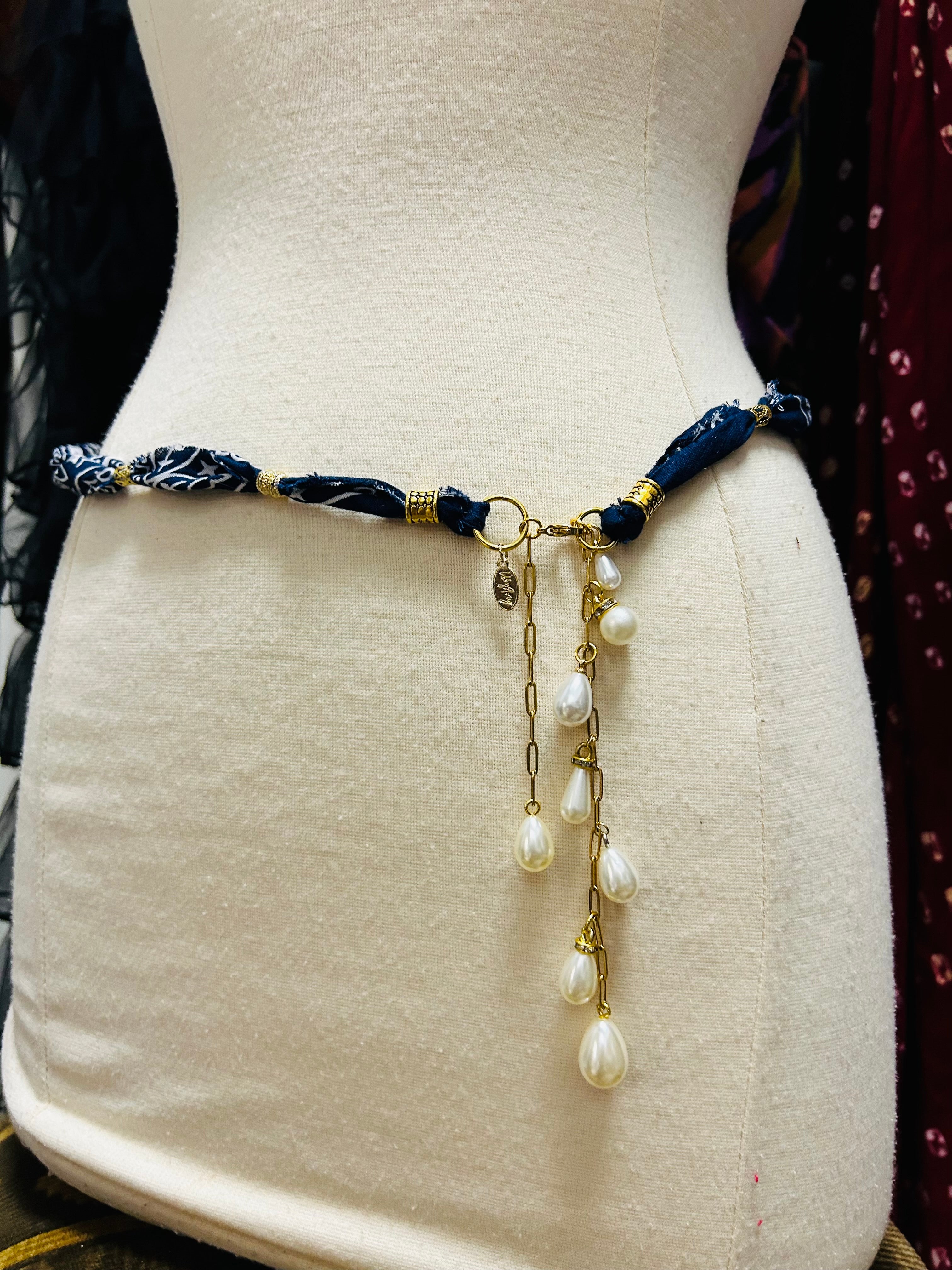 Handmade Bandana & Pearl Drop Necklace or Belt