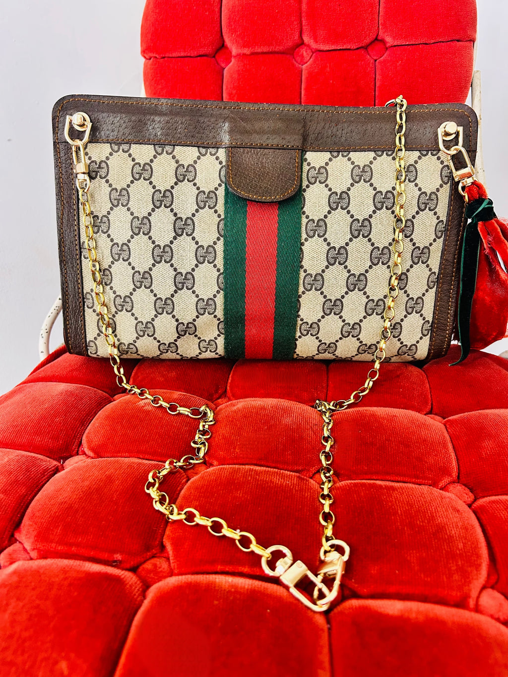 OOAK Vintage Gucci Parfums GG Supreme Web Stripe Clutch w/ Removable 18Kt Gold Plated SS Chain & Designer Bag Charm