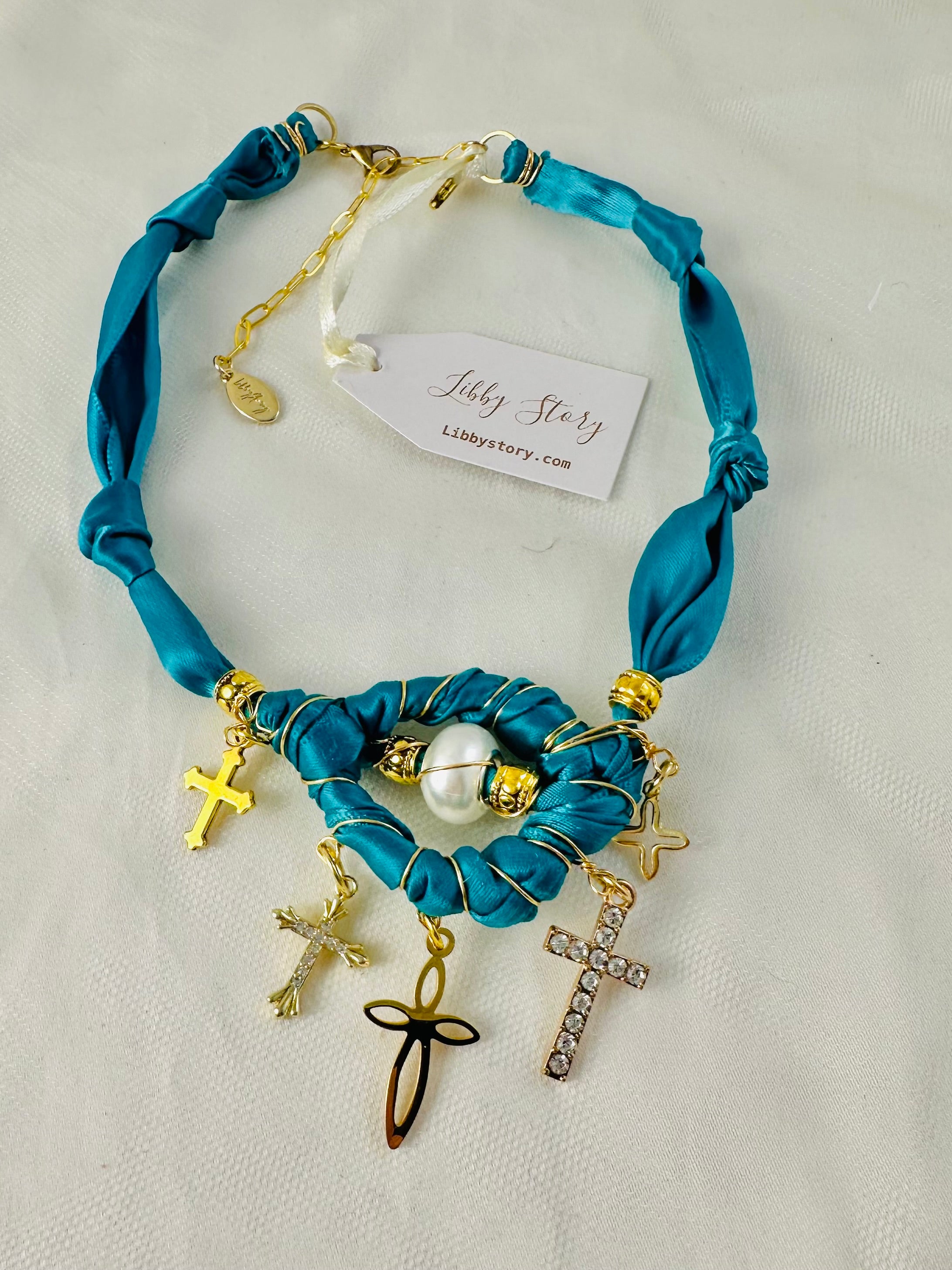 OOAK Teal Satin Ribbon Cross Charm Necklace