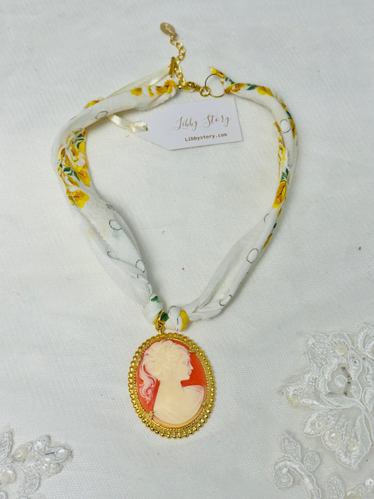 Vintage Hanky and Resin Cameo Pendant Necklace