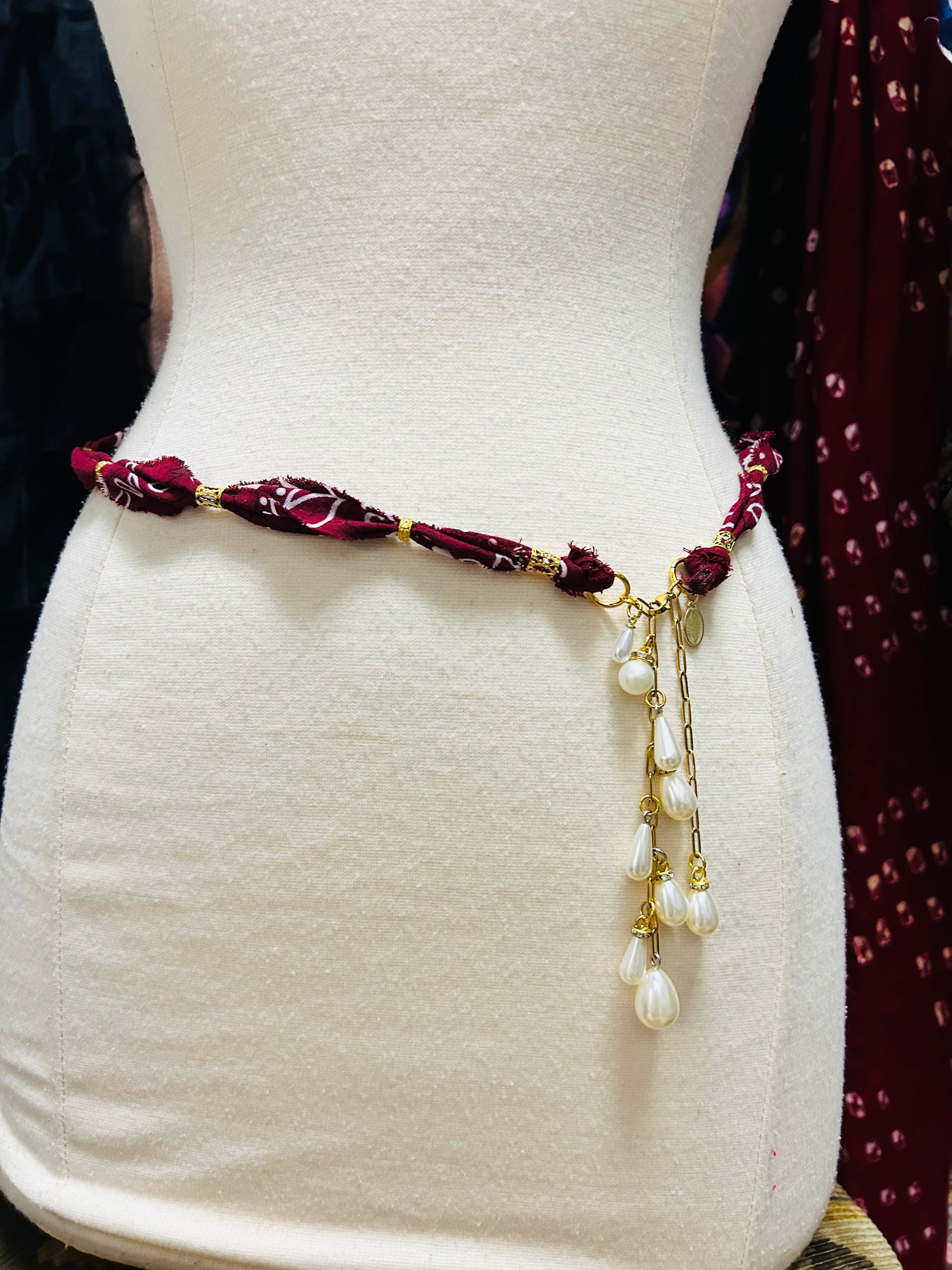 Handmade Bandana & Pearl Drop Necklace or Belt
