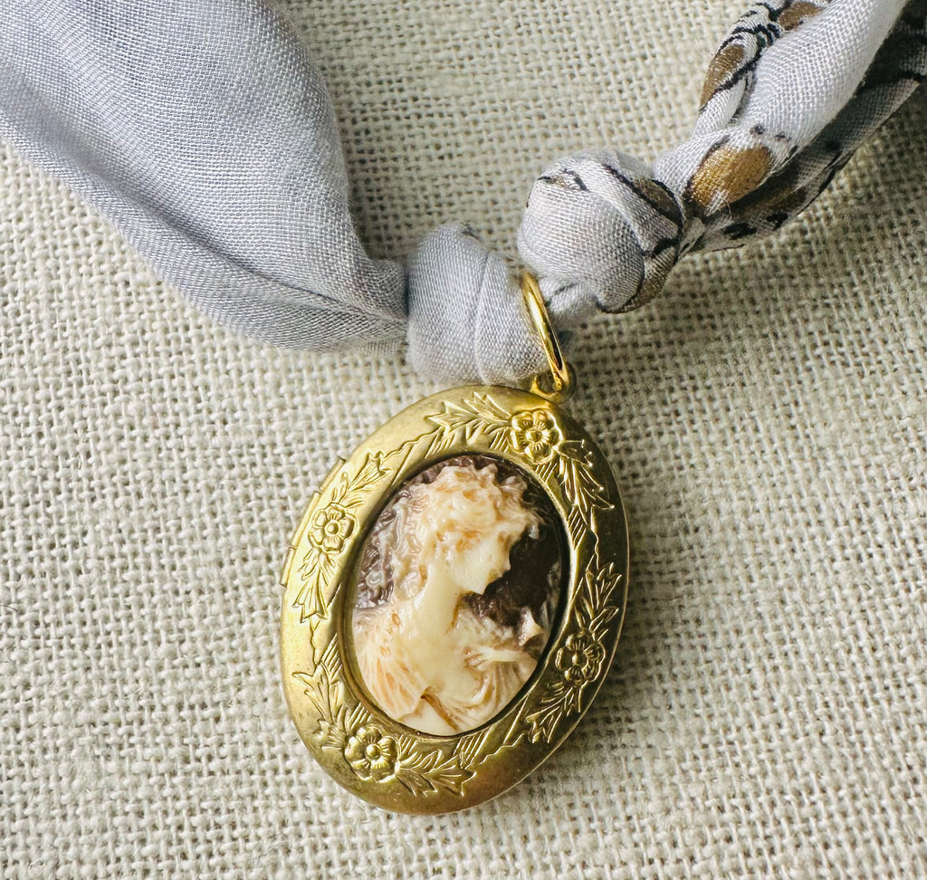 OOAK Vintage Cameo Locket Handkerchief Necklace