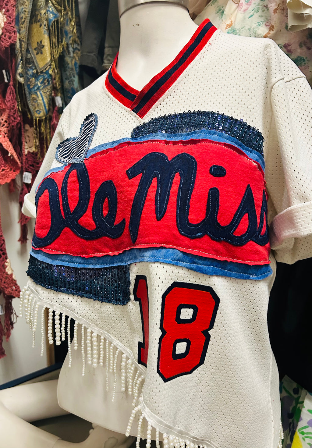 OOAK Upcycled Vintage Ole Miss Jersey Tunic with Pearl Fringe