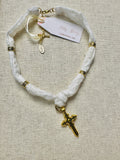 Brass Cross and Beads Eyelet Fabric Necklace