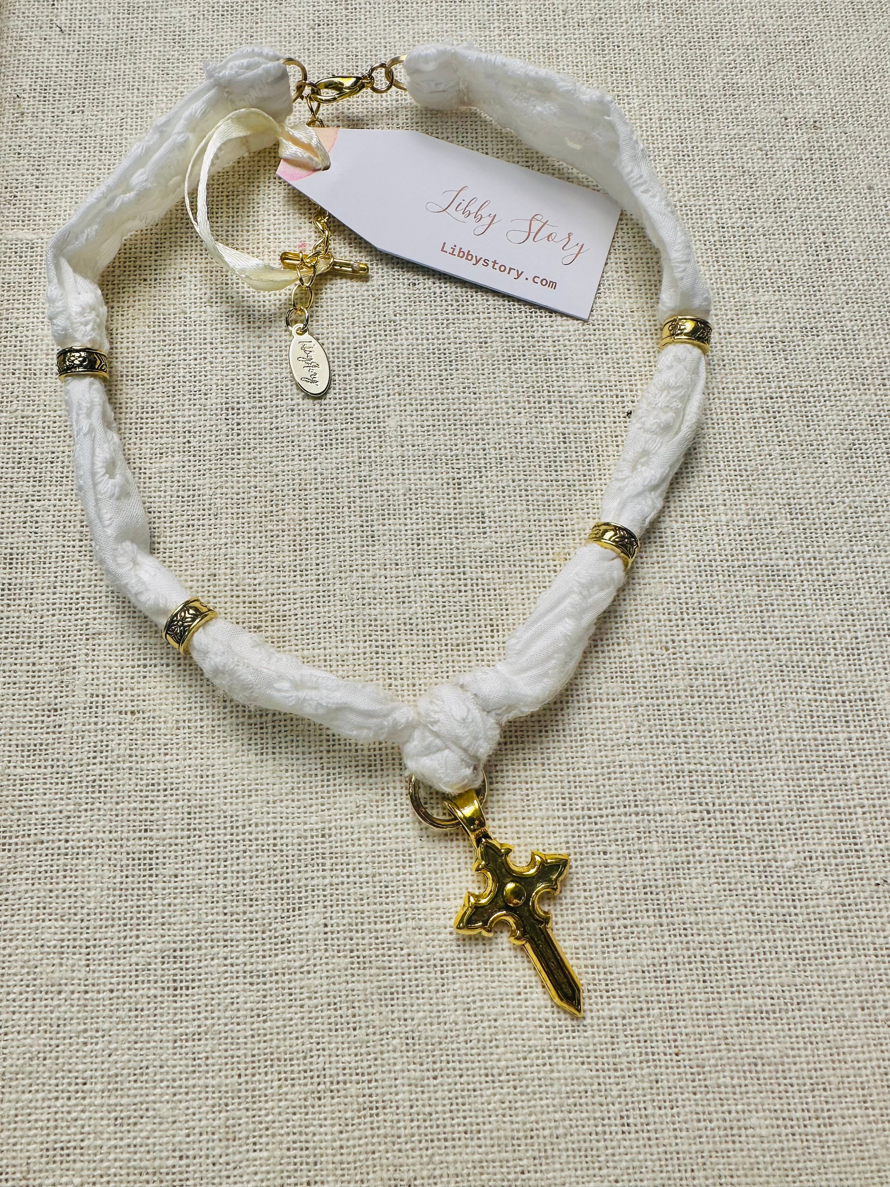 Brass Cross and Beads Eyelet Fabric Necklace