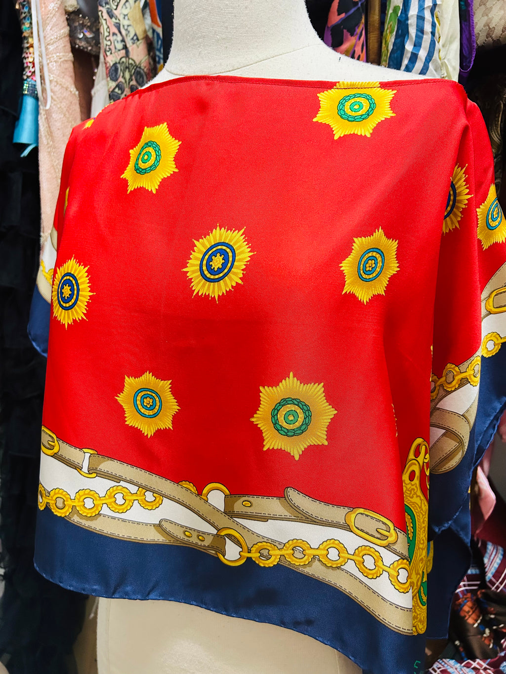 OOAK Upcycled Vintage Belt Print Celine Silk Scarf Poncho