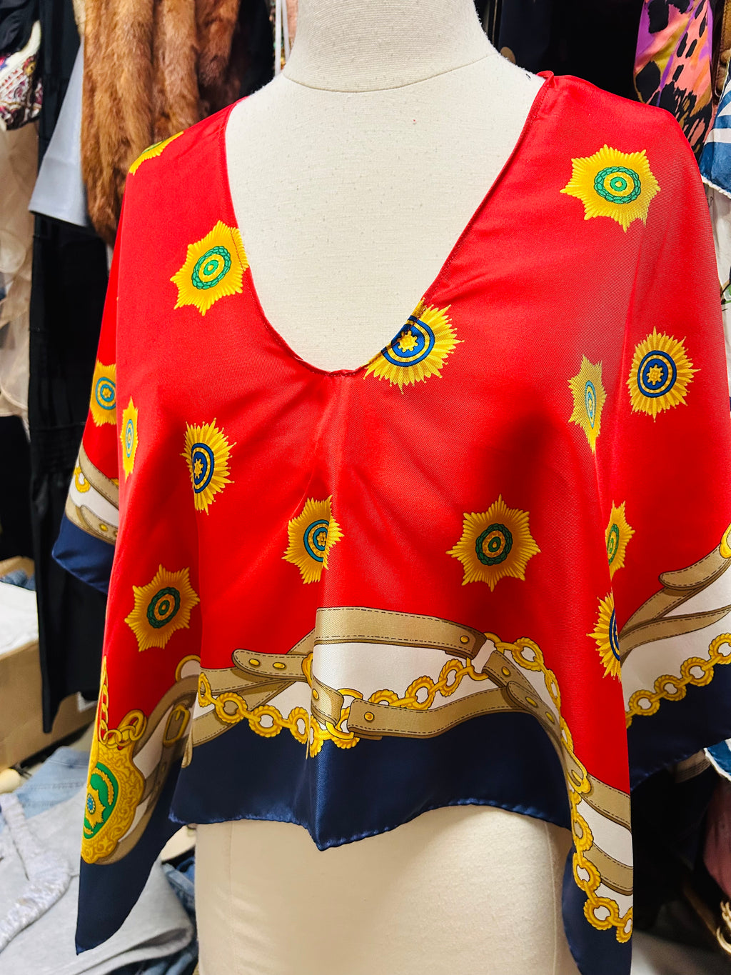 OOAK Upcycled Vintage Belt Print Celine Silk Scarf Poncho