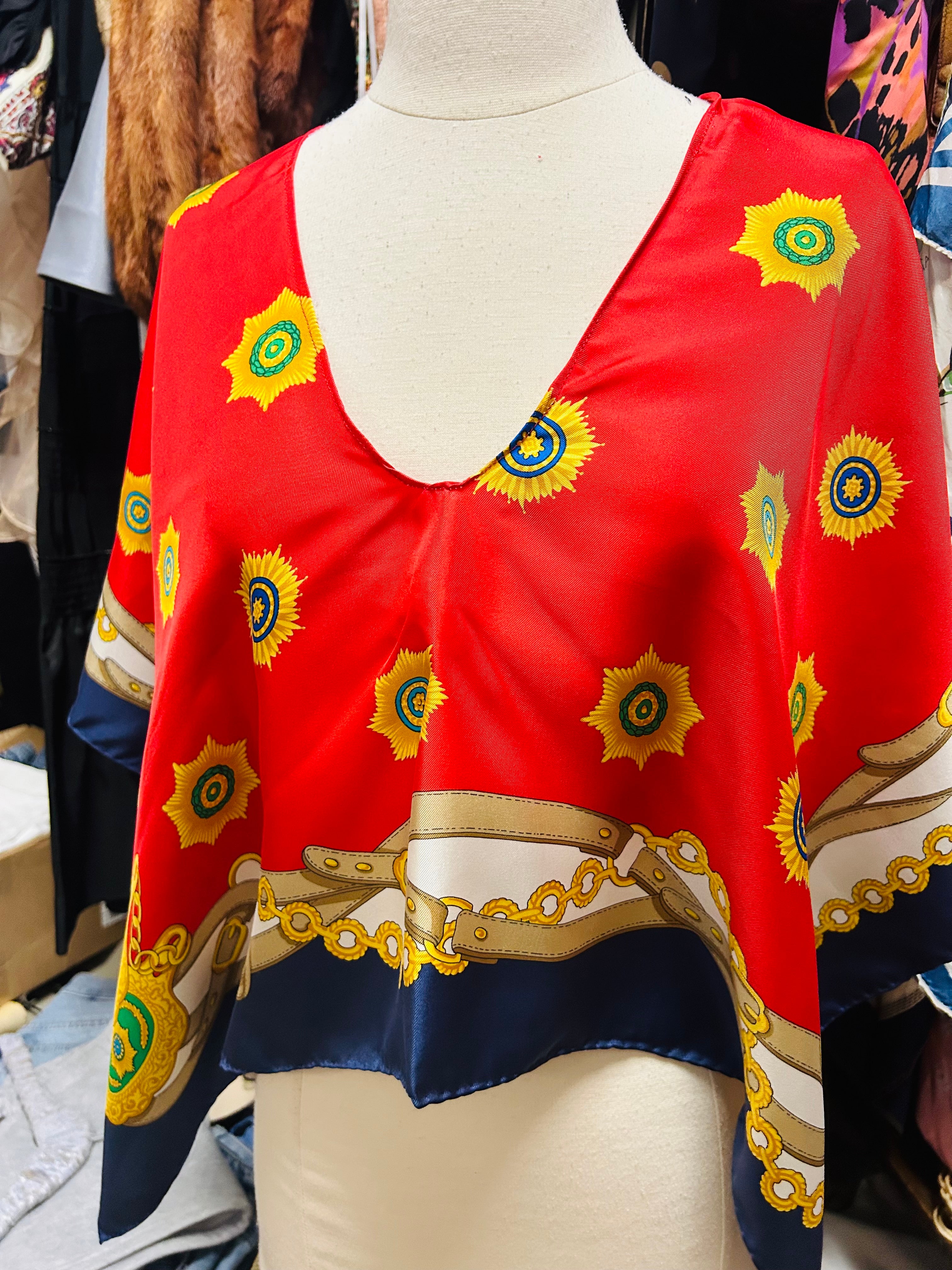 OOAK Upcycled Vintage Belt Print Celine Silk Scarf Poncho