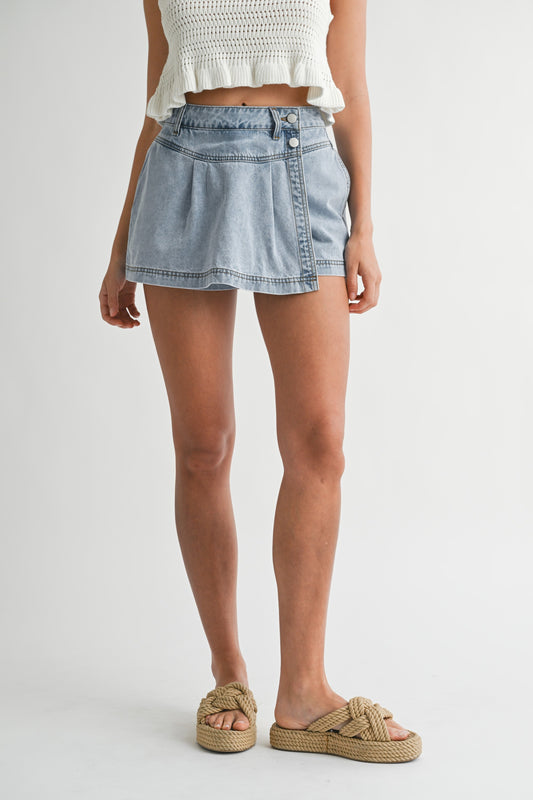 Denim Pleated Wrap Skort