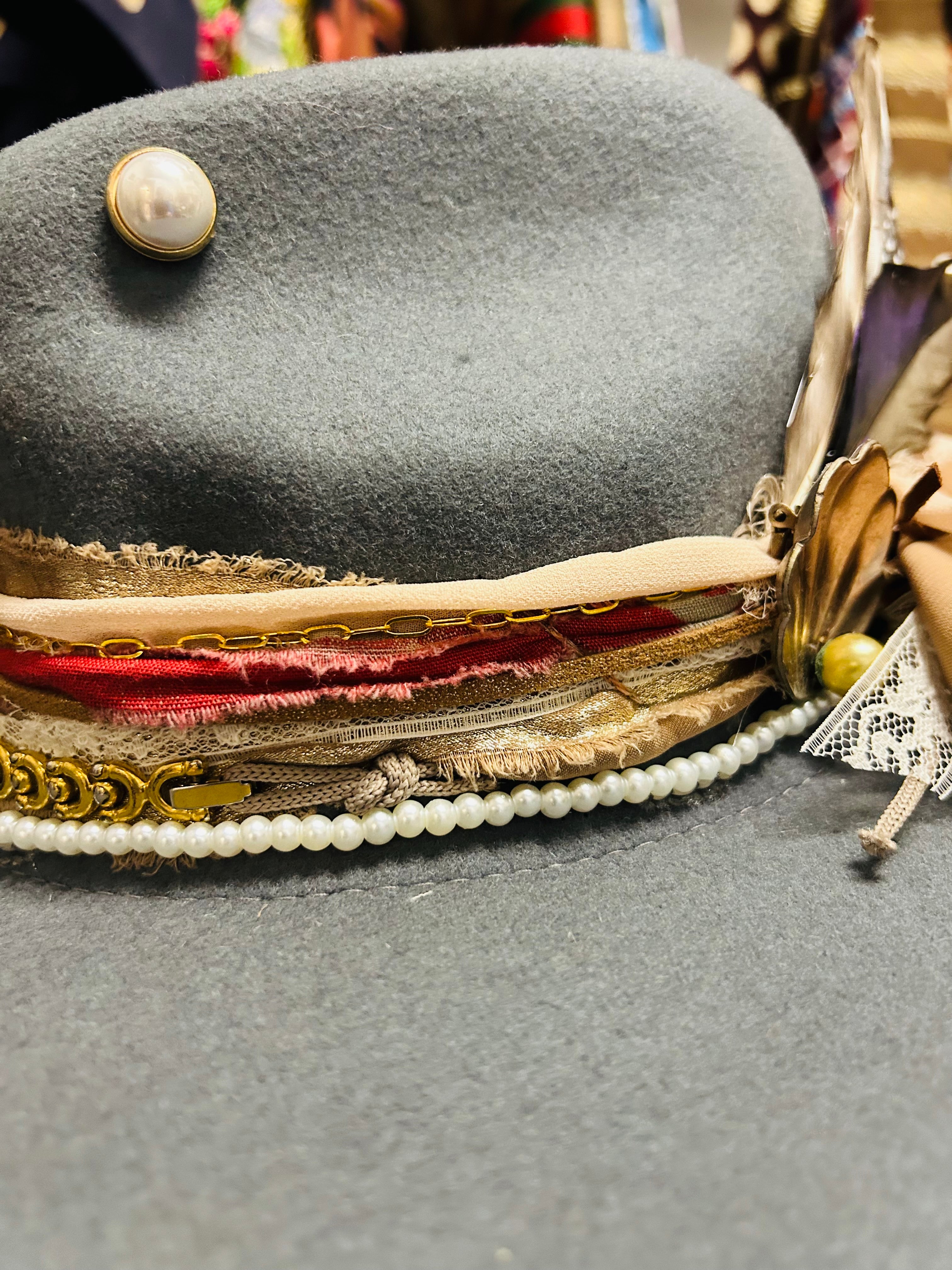 OOAK Packable Wool Hat with Vintage Watch/Ribbon