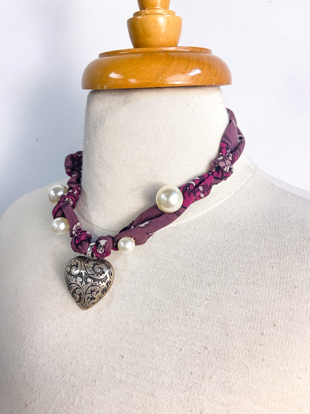 OOAK Vintage Heart and Pearl Pin Scarf Necklace