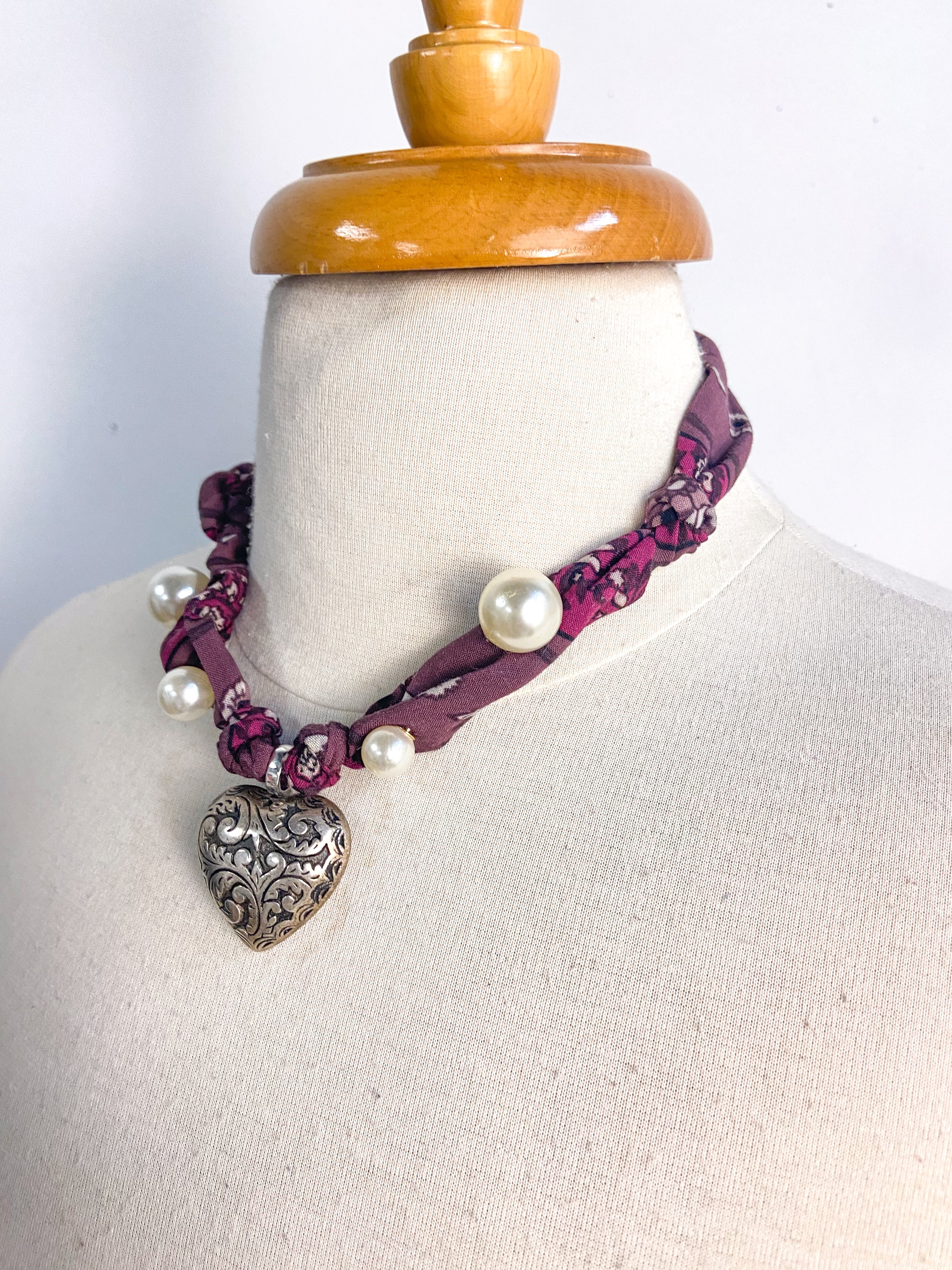 OOAK Vintage Heart and Pearl Pin Scarf Necklace