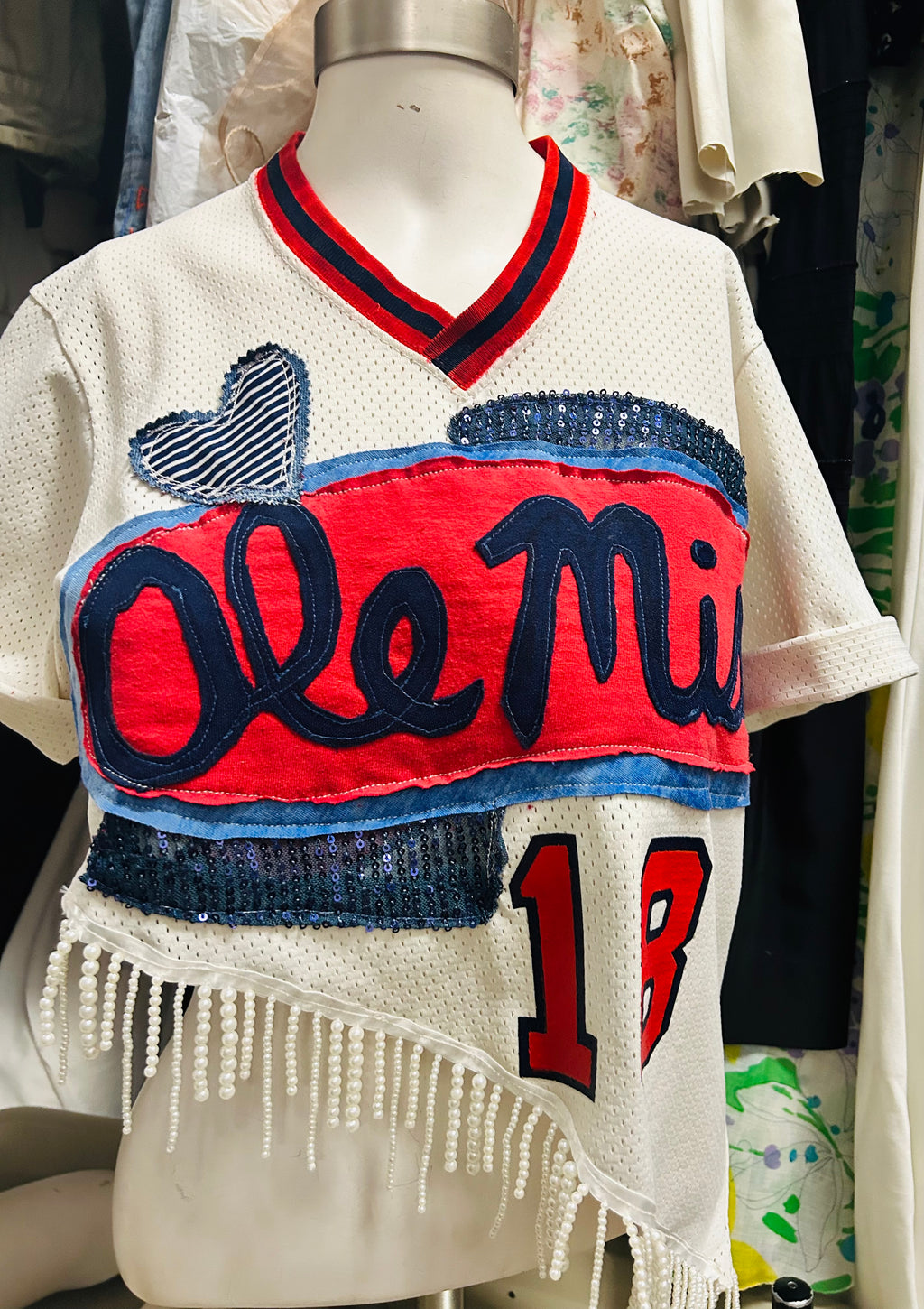 OOAK Upcycled Vintage Ole Miss Jersey Tunic with Pearl Fringe