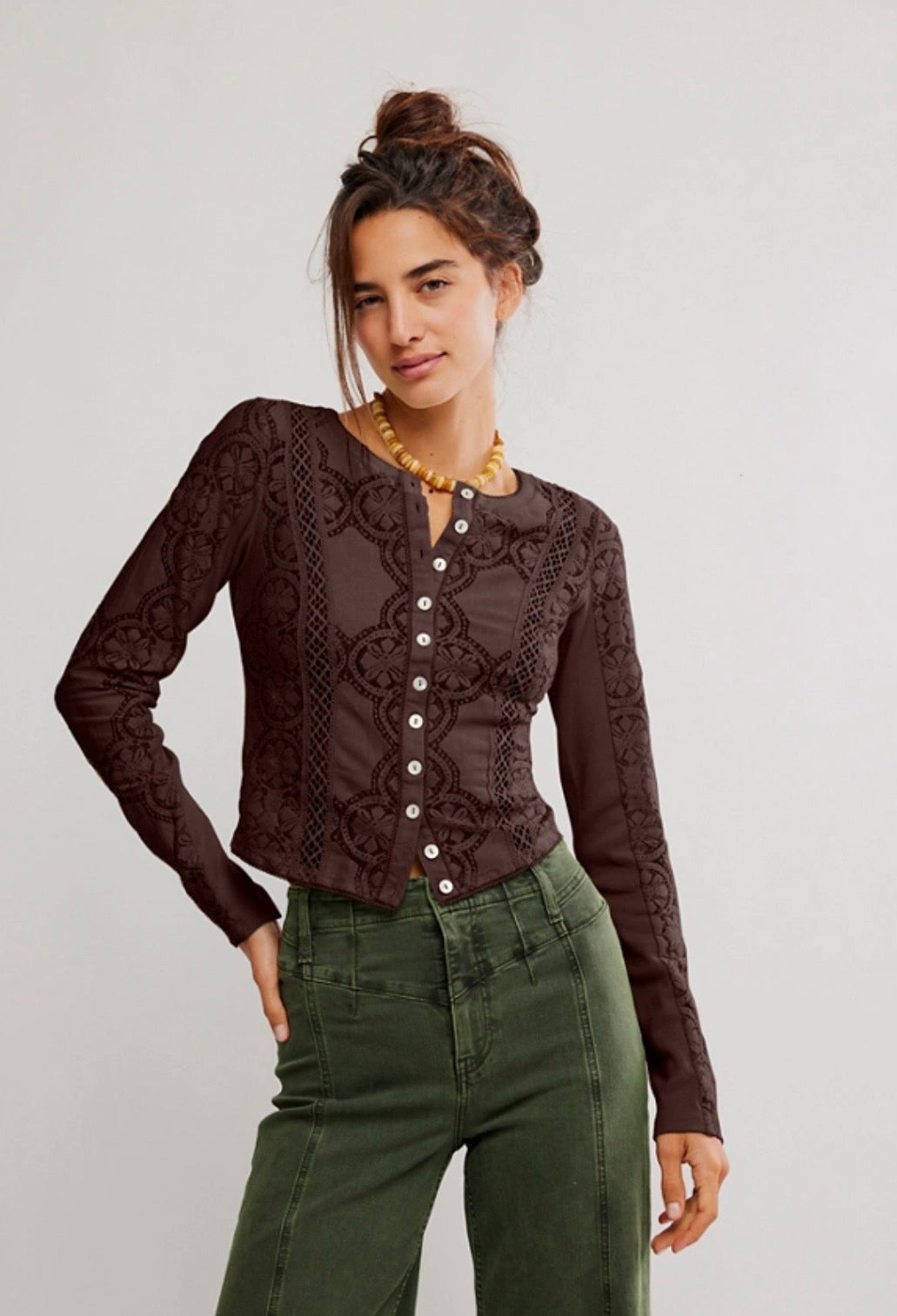 FREE PEOPLE JAE KNIT LONG SLEEVE BUTTON FRONT TOP