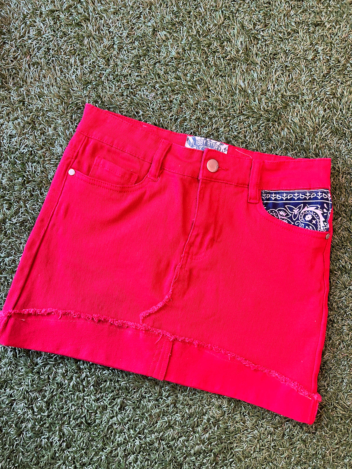 OOAK Red Bandana Trim Denim Skirt