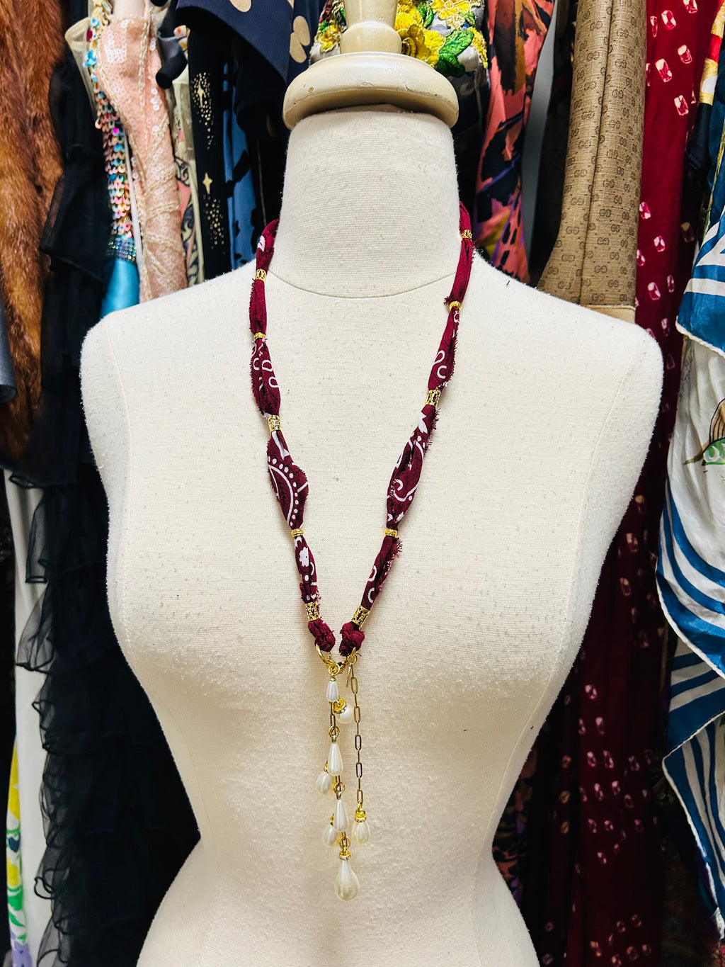 Handmade Bandana & Pearl Drop Necklace or Belt