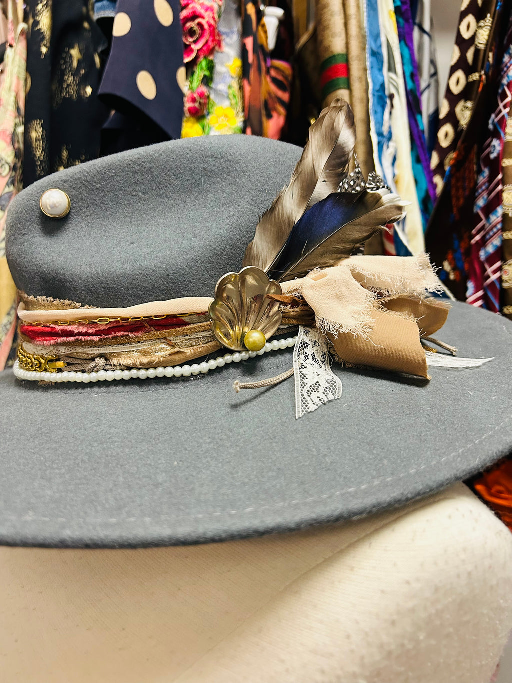 OOAK Packable Wool Hat with Vintage Watch/Ribbon