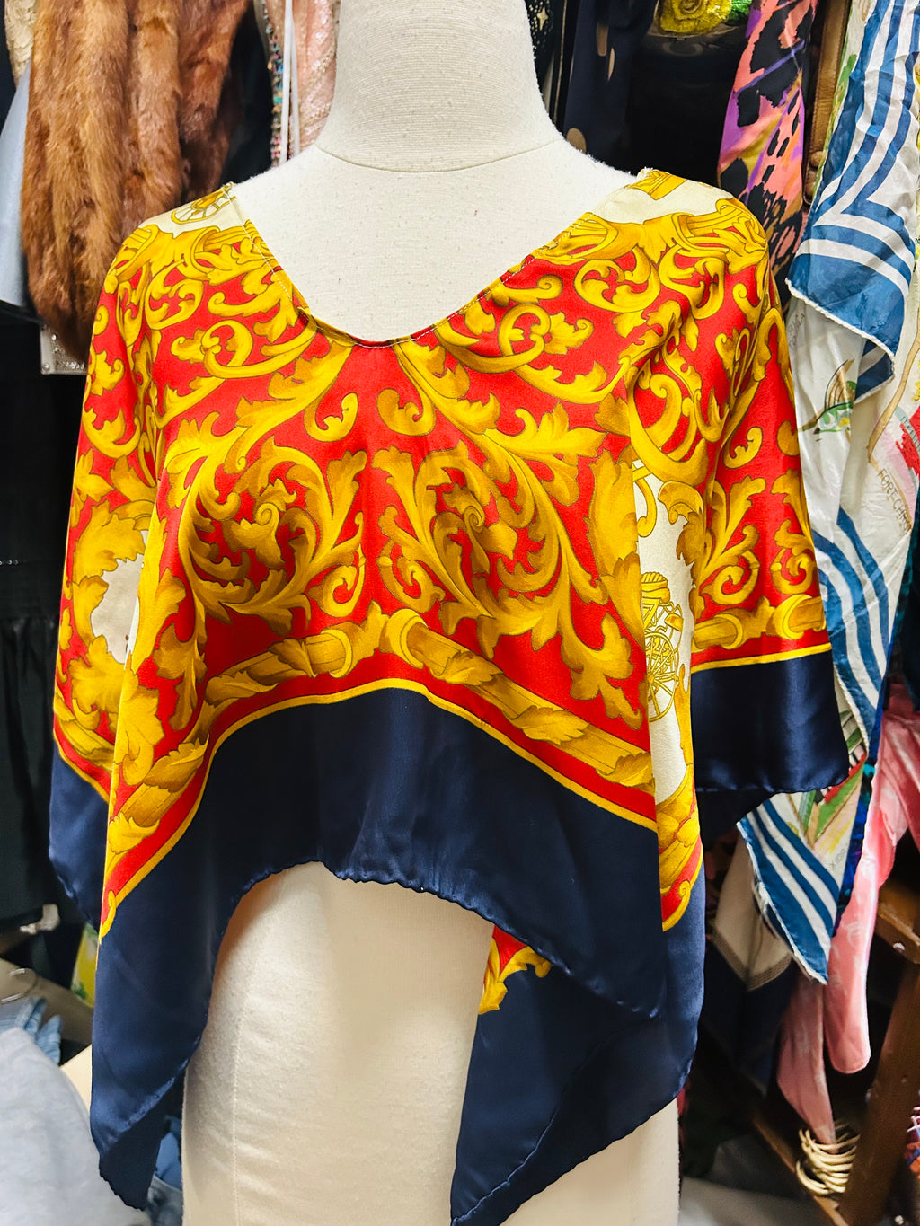 OOAK Upcycled Vntage Scroll Print Celine Silk Scarf Poncho