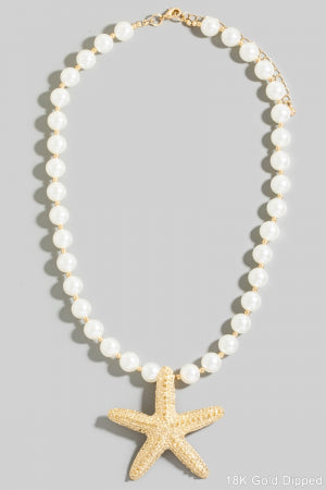 Gold Dipped Starfish Pendant Pearl Beaded Necklace
