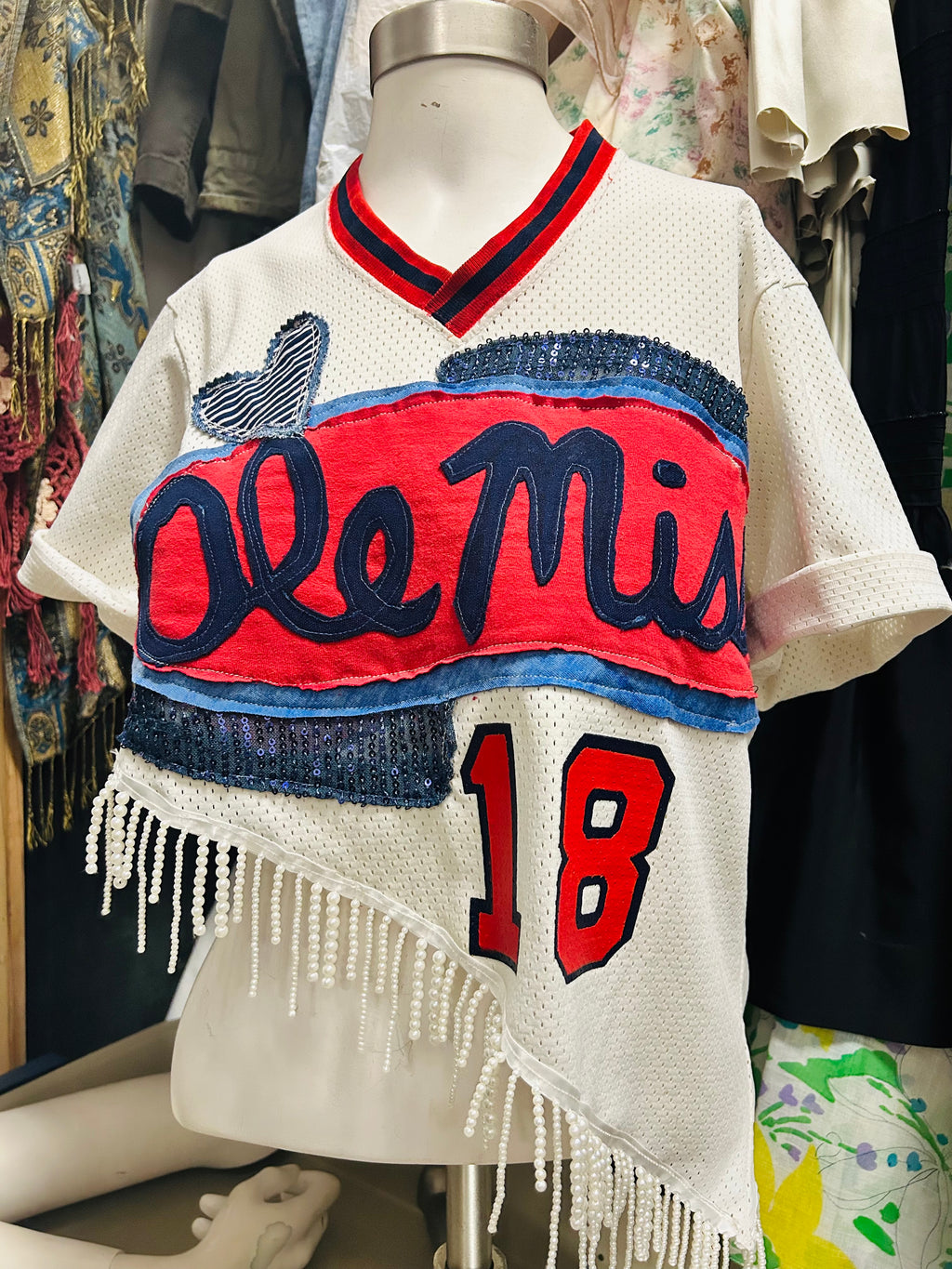 OOAK Upcycled Vintage Ole Miss Jersey Tunic with Pearl Fringe