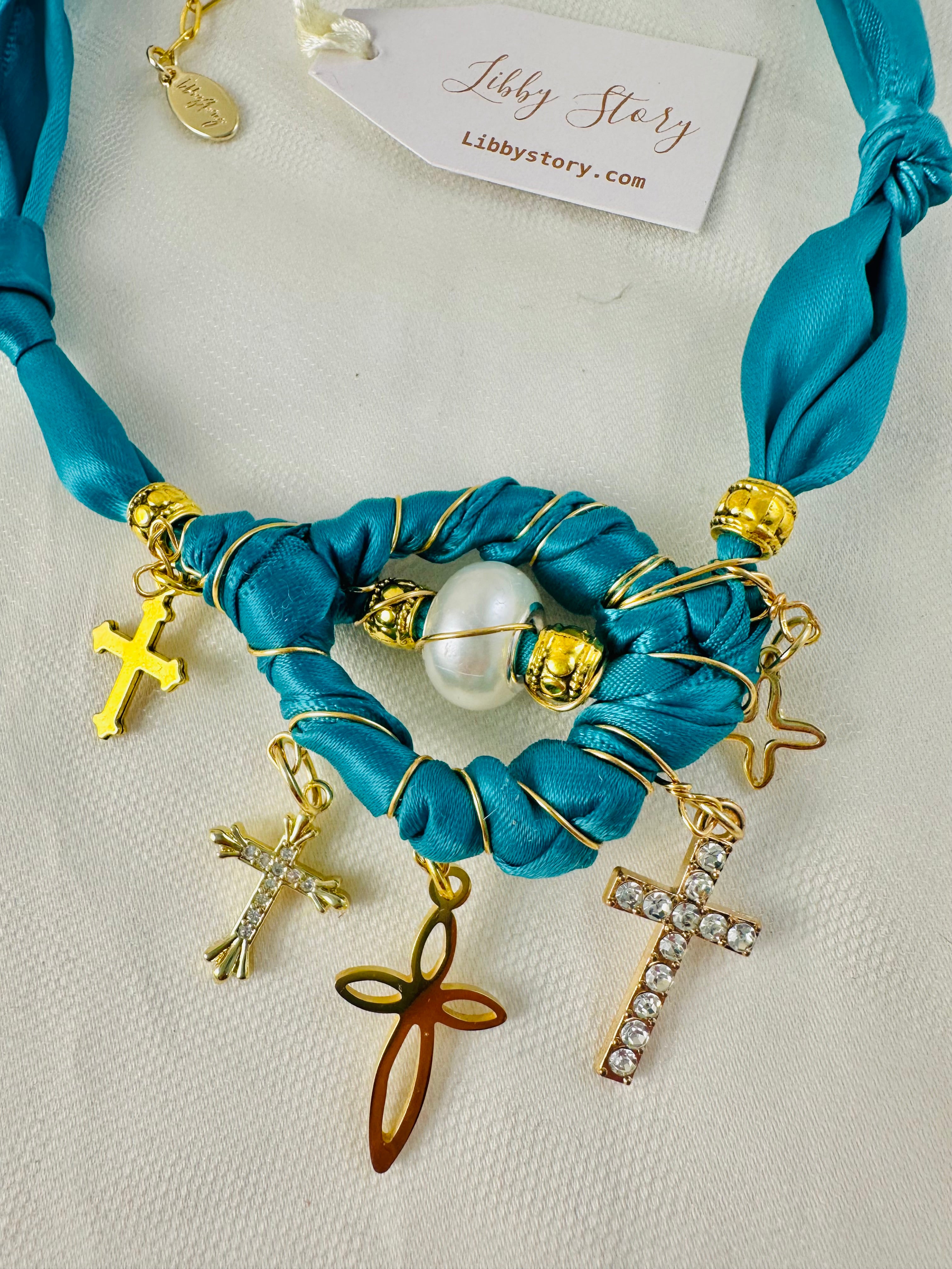 OOAK Teal Satin Ribbon Cross Charm Necklace