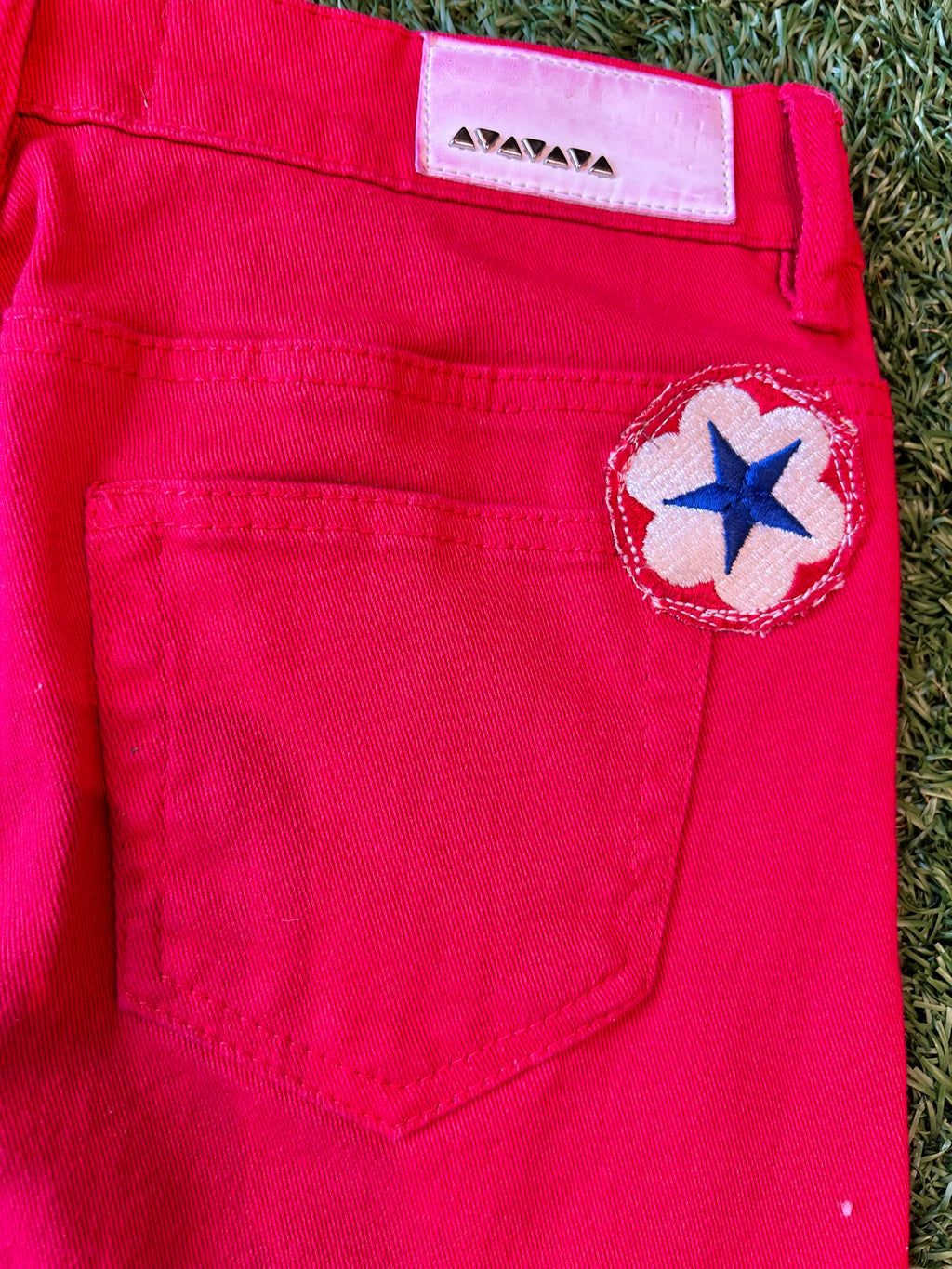 OOAK Red Bandana Trim Denim Skirt