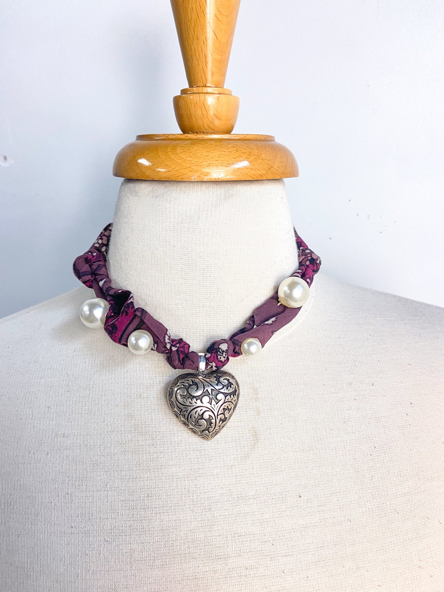 OOAK Vintage Heart and Pearl Pin Scarf Necklace