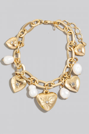 Studded Heart And Pearl Charms Chain Bracelet