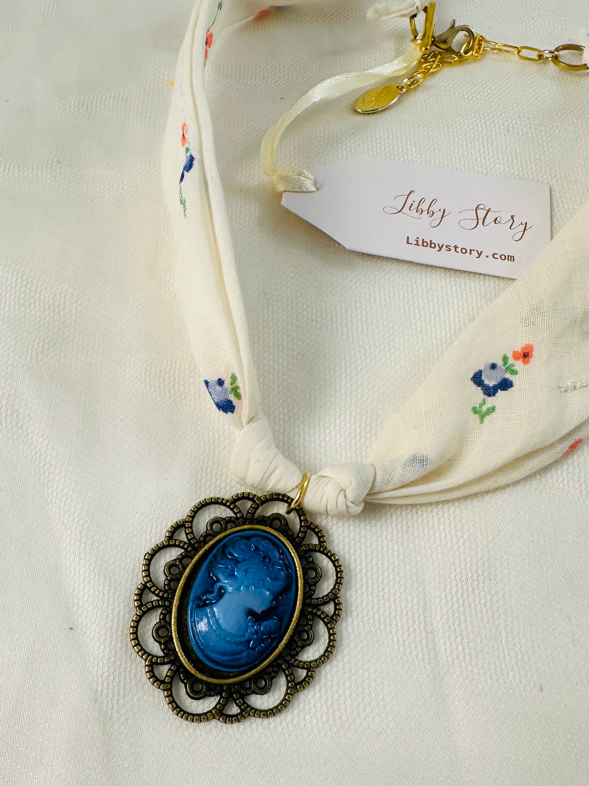 Vintage Handkerchief & Handmade Cameo Necklace