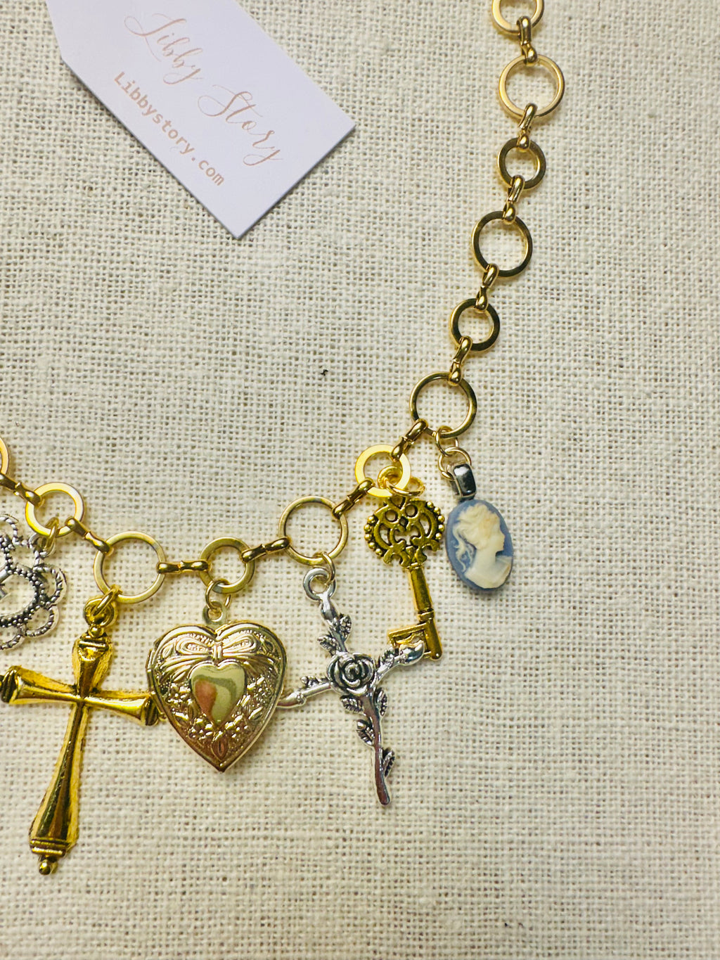 OOAK Cross Cameo Charm Necklace
