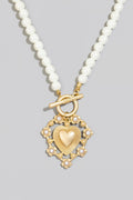 Intricate Pearl Beads Heart Pendant Toggle Necklace