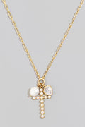 Pearl Studded Cross And Charms Chain Necklace