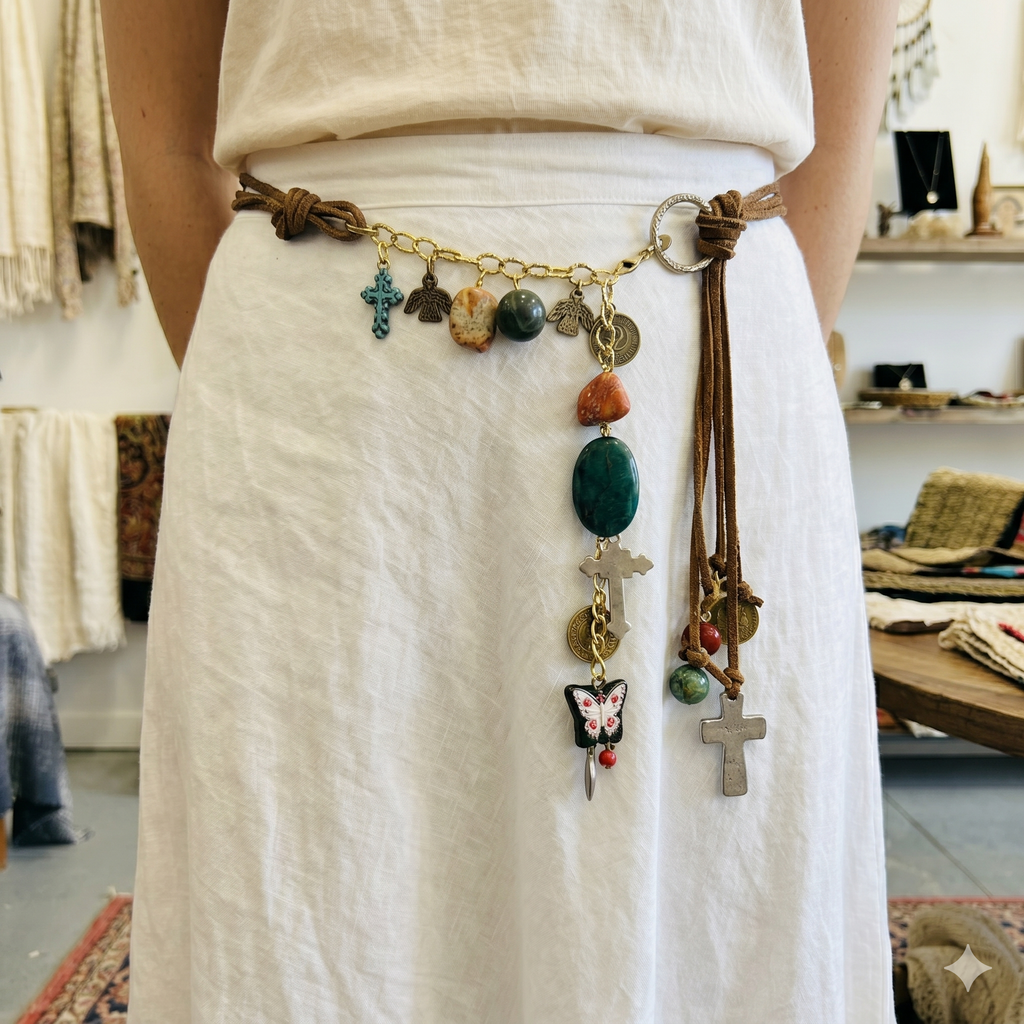 OOAK Leather & Stones Fringe Belt