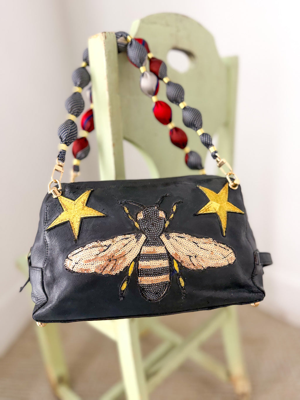OOAK Vintage Gucci Black Leather Pouch w/ Sequin Bee & Convertible Silk-Tie Straps