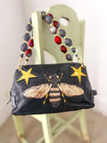 OOAK Vintage Gucci Black Leather Pouch w/ Sequin Bee & Convertible Silk-Tie Straps