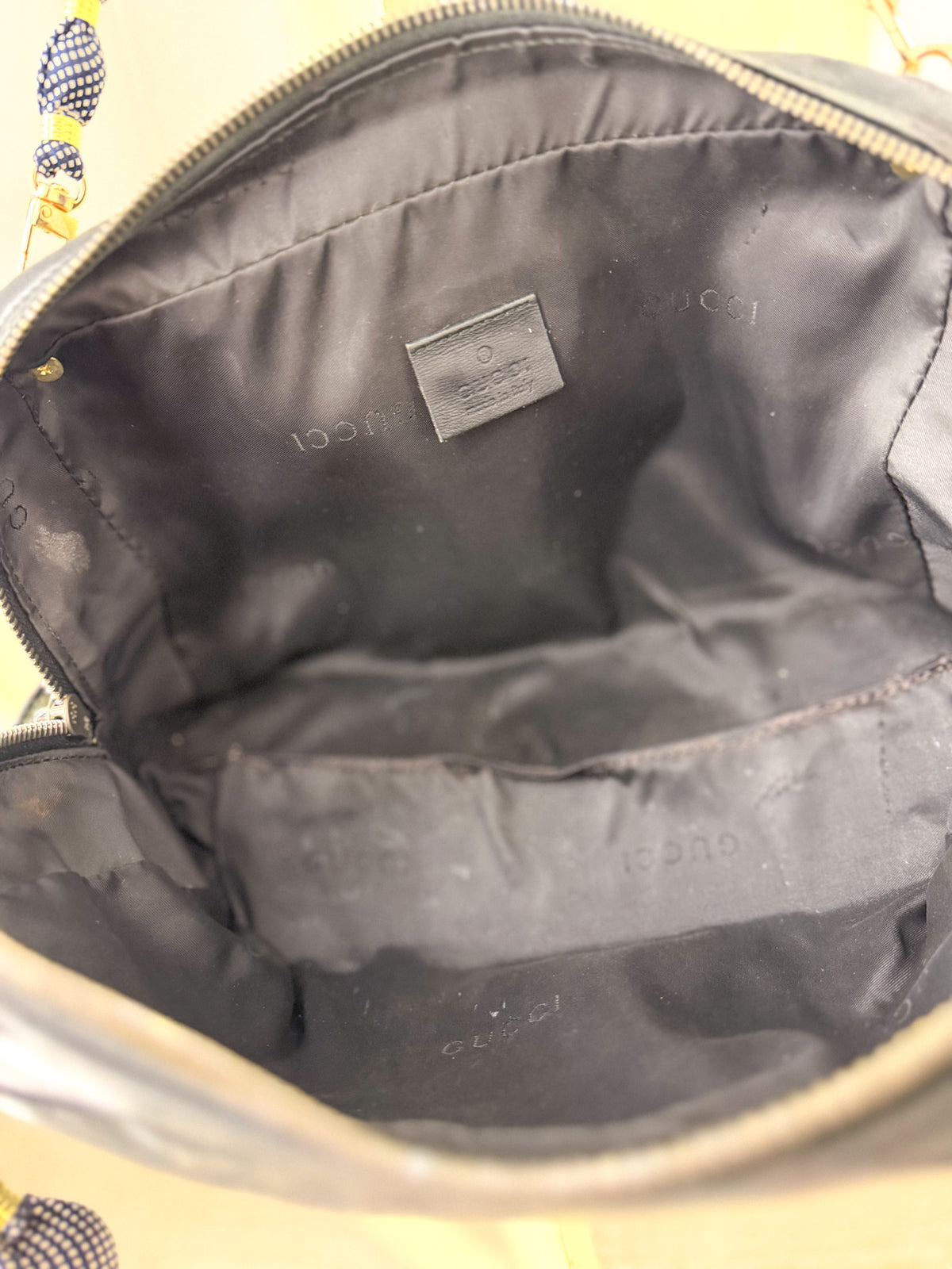 OOAK Vintage Gucci Black Leather Pouch w/ Sequin Bee & Convertible Silk-Tie Straps
