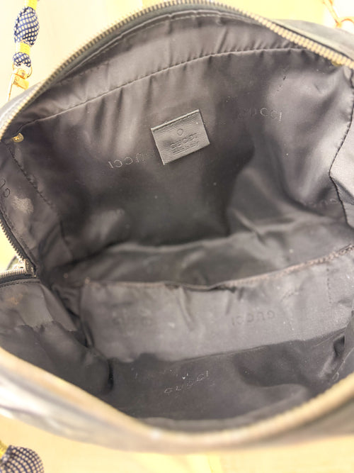 OOAK Vintage Gucci Black Leather Pouch w/ Sequin Bee & Convertible Silk-Tie Straps