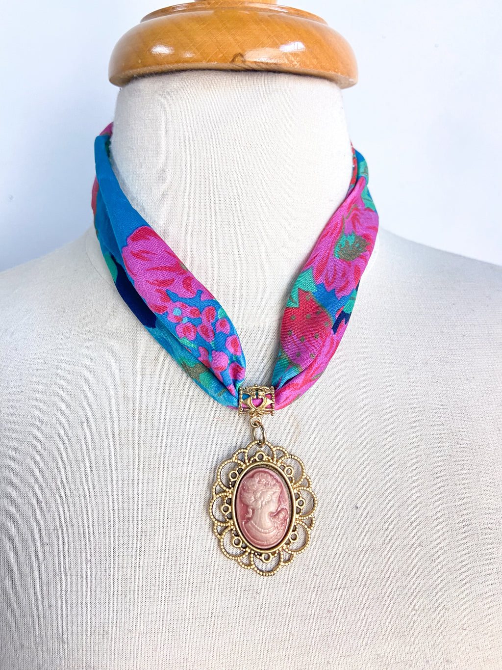 OOAK Vintage Scarf Cameo Necklace