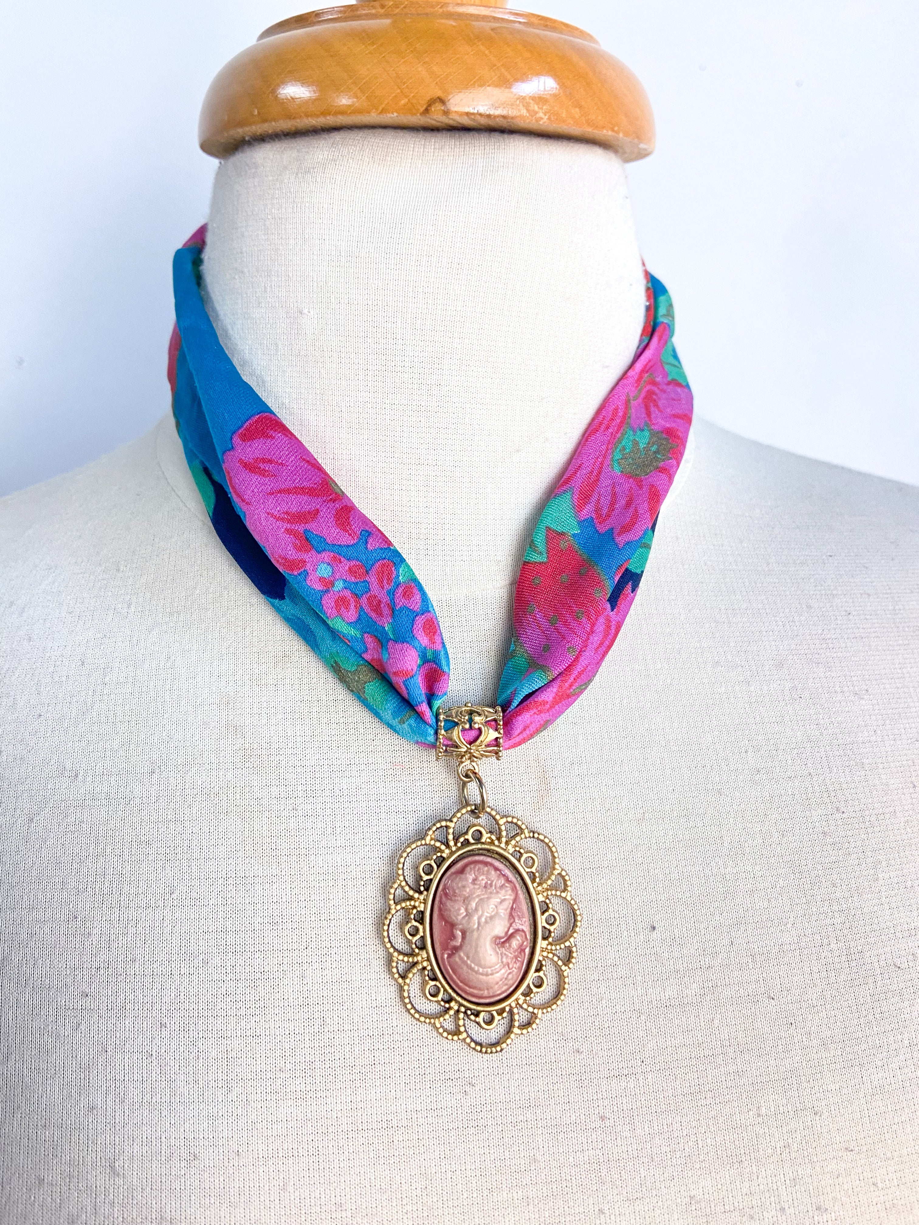 OOAK Vintage Scarf Cameo Necklace
