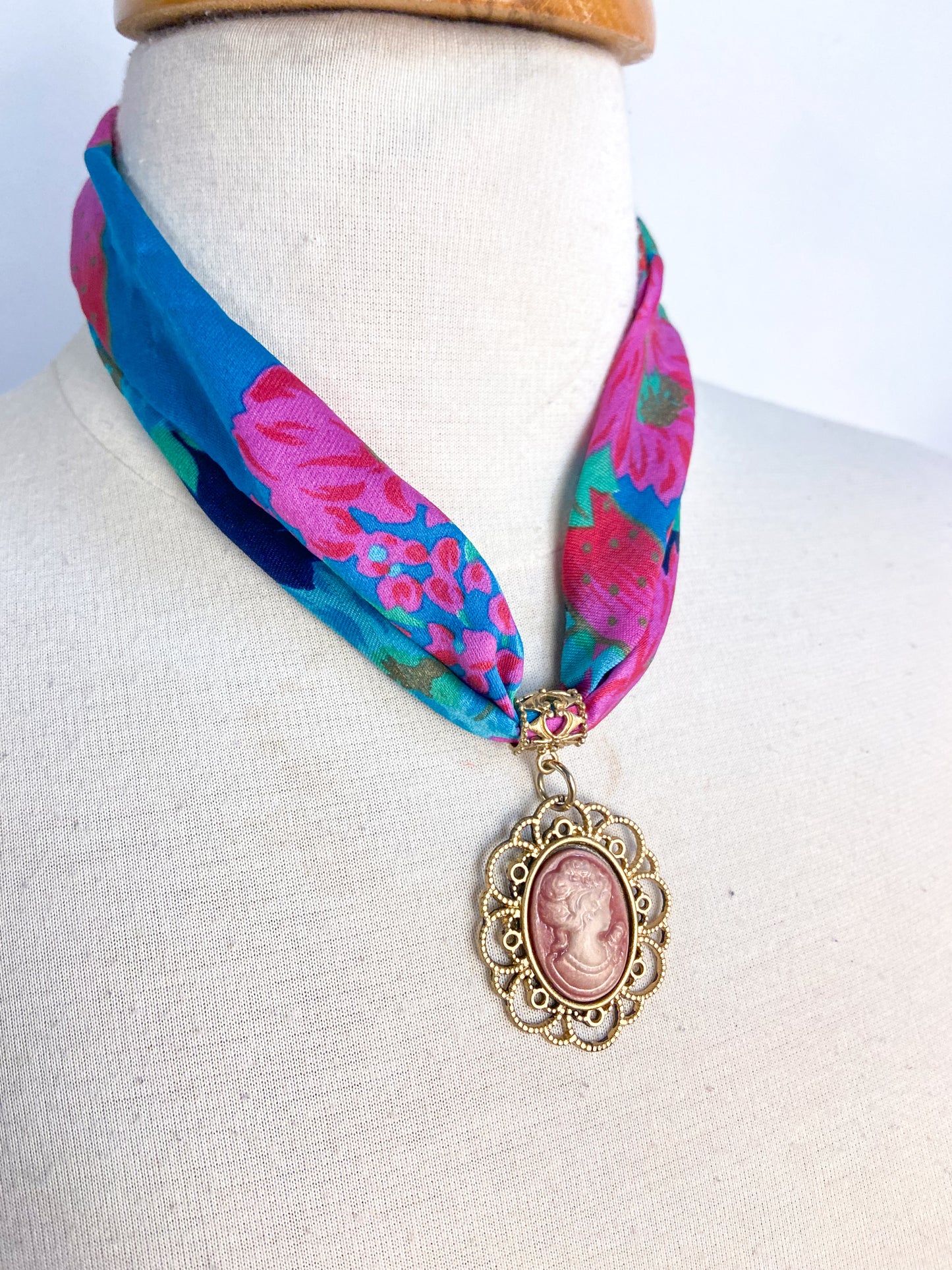 OOAK Vintage Scarf Cameo Necklace
