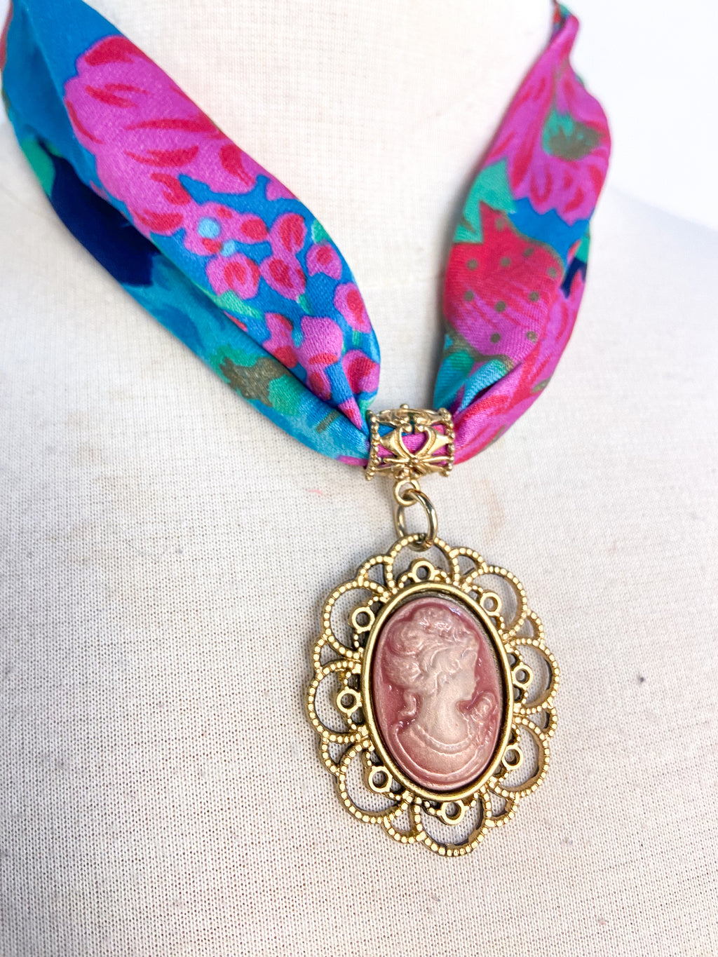 OOAK Vintage Scarf Cameo Necklace