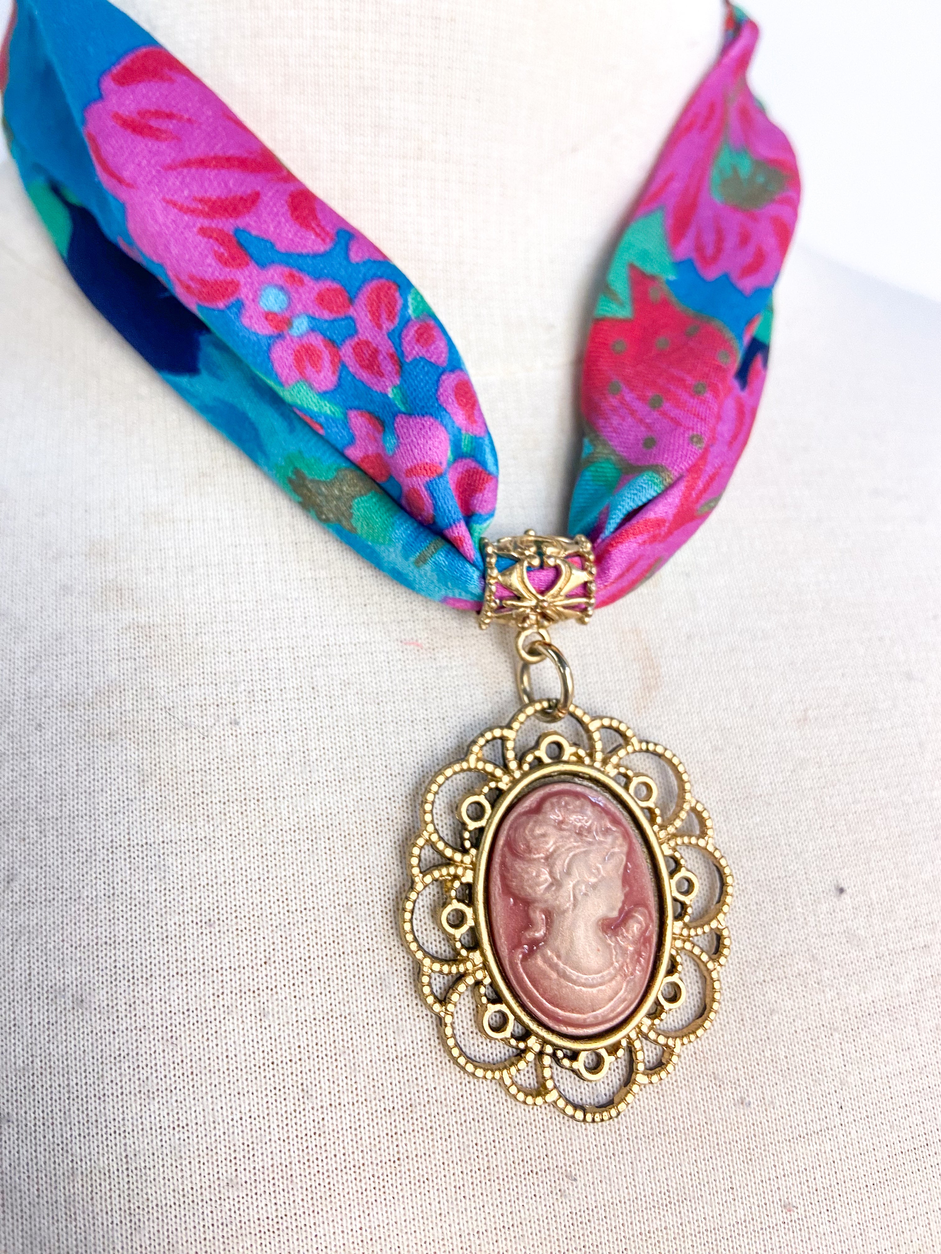 OOAK Vintage Scarf Cameo Necklace
