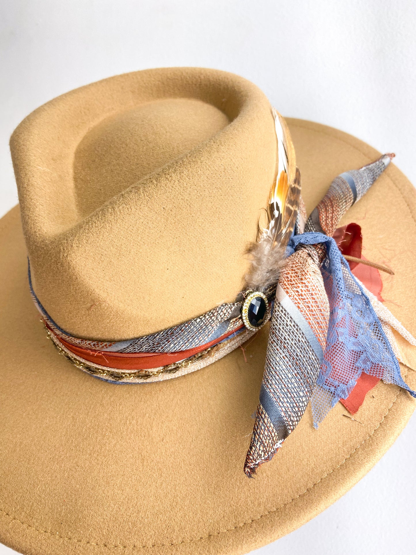 OOAK Vegan Blue/Rust Tie Hat