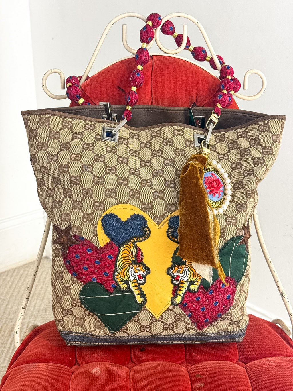 OOAK Vintage Gucci GG Canvas Tiger Heart Art Tote