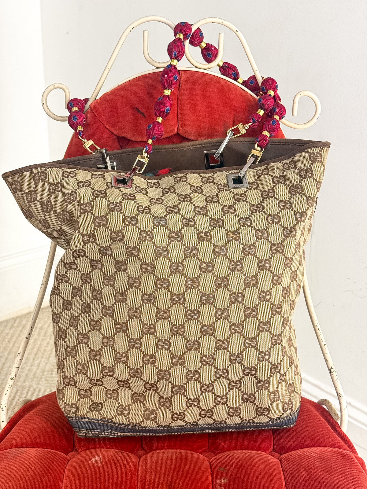 OOAK Vintage Gucci GG Canvas Tiger Heart Art Tote