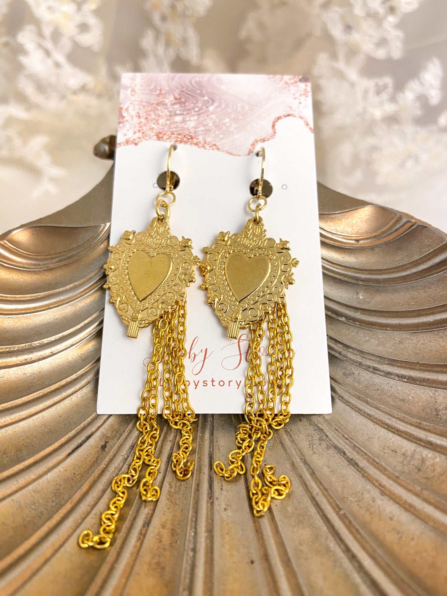 LS Heart Shield Chain Earrings